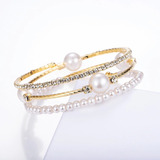 Pulseira Bracelete Dourada Ajustavel Perolas Strass Fashion