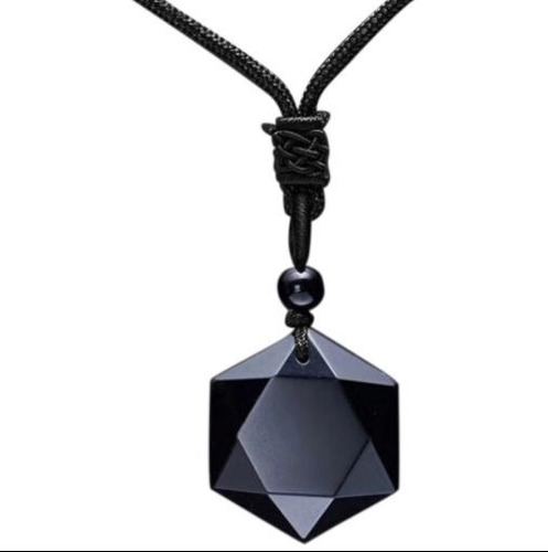 Pedra Obsidiana Negra Estrela Hexagonal Hexagrama Colar