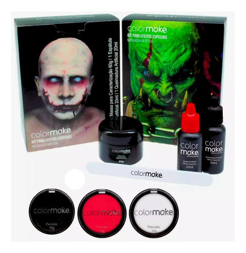 Kit Completo P/ Maquiagem Teatro Halloween + 3 Pancake Top Tom Kit Pancake Pó Color Make Premium 1 Preto / 1 Vermelho / 1 Branco + Kit Relevo Sangue + Queimadura