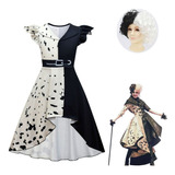 Vestido Cosplay Cruella Halloween Meninas 2 Peças Com Peruca