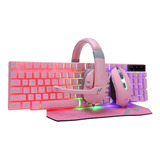 Kit Gamer Teclado Mouse Auricular Pad Combo Rosa Noga Nkb411