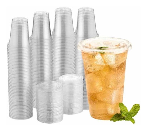 Vaso Plastico Desechable 16 Oz  Con Tapa Pack 100  Un 500 Cc