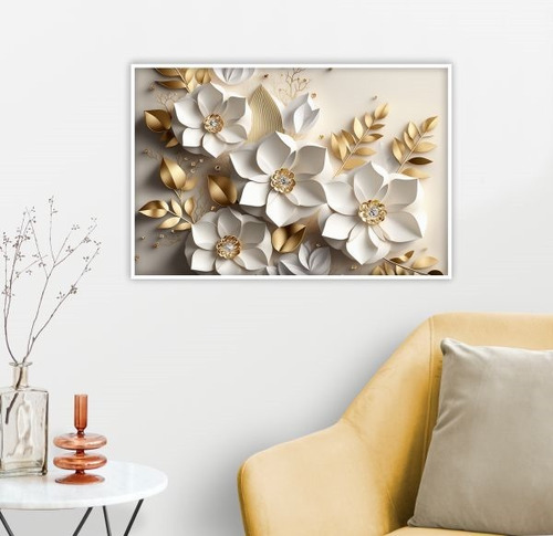 Quadro Decorativo Em Adesivo Flores Com Dourado Impressão 3d