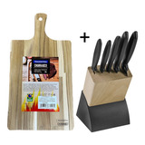 Kit Jogo De Faca Churrasco Tramontina Cepo + Tábua De Corte Cor Preto E Madeira