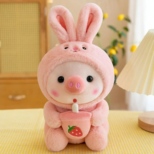 Peluche Chanchito Con Disfraz Conejo Rosado Kawaii