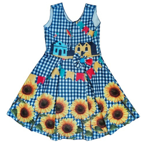 Vestido Infantil Junino Girassol Azul Xadrez Tam 8-10 