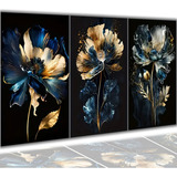 Quadros Decorativos 3 Peças Pintura Flores Preta E Azul Sala