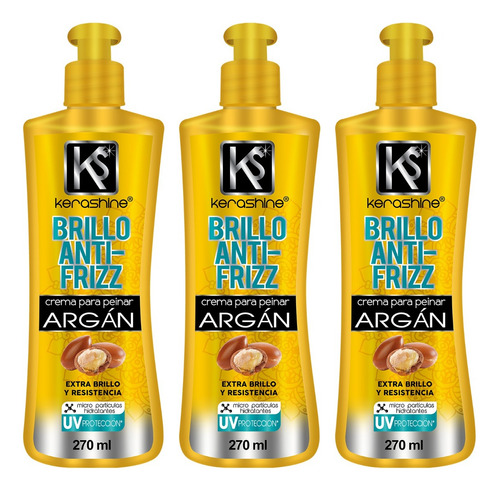 Kerashine Crema Para Peinar Argán Antifrizz 270 Ml C/u - 3pz