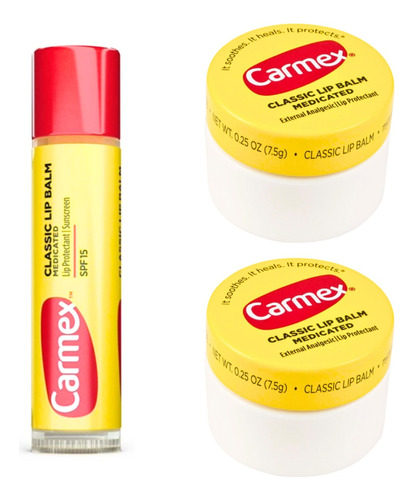 Mix De 3 Carmex Bálsamo Labial Classic: 2 Potes Y 1 Stick