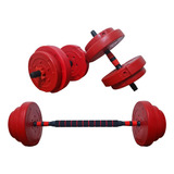 Kit Mancuernas Y Barra + 30 Kg Discos Pvc Con Tope A Rosca Color Rojo Conversor Con 4 Discos De 2.5 Kg 4 De 5 Kg