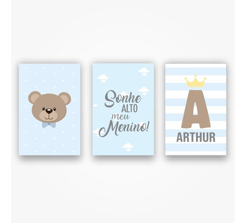 Kit 3 Quadros Decorativos Menino Bebê Safari Ursinho