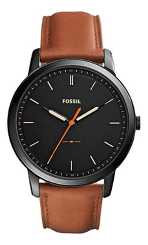 Reloj Pulsera Fossil The Minimalist De Cuerpo Color Negro, Analógico, Para Hombre, Fondo Negro, Con Correa De Cuero Color Marrón, Agujas Color Negro, Blanco Y Naranja, Dial Blanco, Minutero/segundero 