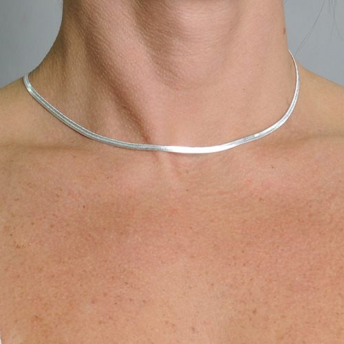 Choker Colar Feminino Fita Laminado Banhado A Prata 925 40cm