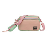 Morral Bandolera Trendy C/ Correa Ajustable + Monedero New Color Rosa/verde Diseño De La Tela Liso