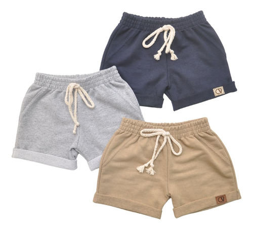 Kit C/3 Shorts Bebê Infantil Bermuda Menino E Menina Verão