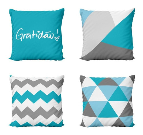 Kit 4 Capas Almofadas Azul E Cinza Geometricas Frases Gratidão Tamanho 40x40 | Confira Aqui!