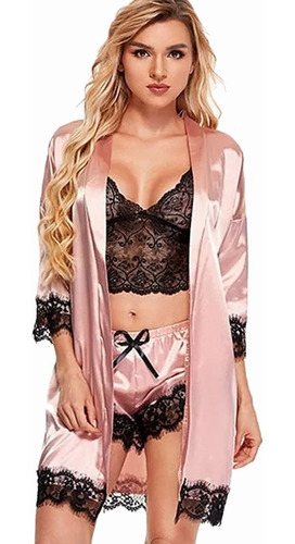 Pijama Satin Conjunto Sexy Encaje Ropa Para Dama 4 Piezas