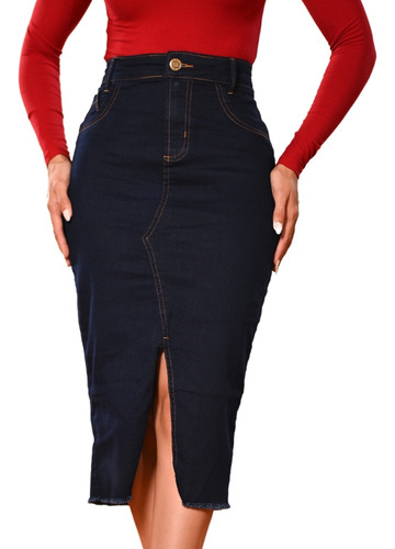 Saia Jeans Feminina Midi Com Elastano Abertura Na Frente 