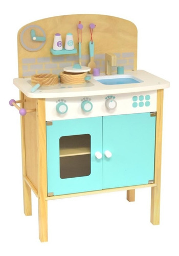 Mini Chef Mi Primer Cocinita Infantil Madera Color Blanco Con Azul Turquesa