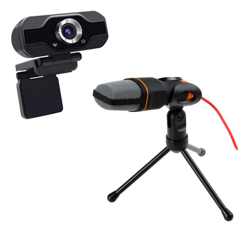 Combo Webcam Full Hd Streaming+micrófono Condensador Trípode Color Negro