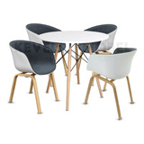 Mesa Moderna Redonda Madera Eames + 4 Sillas Mezclilla Thina