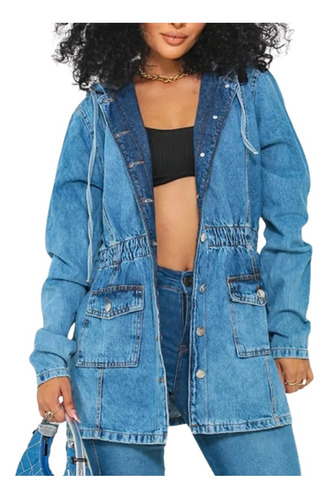 Jaqueta Feminina Parka Jeans Manga Longa Cor Clara Tendência