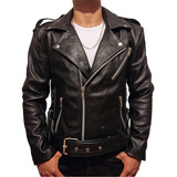 Chamarra Biker De Piel Gruesa Hombre Chaqueta Cuero Negra