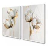 Quadros Decorativos Flores Brancas Dourado Luxo Vidro 50x70