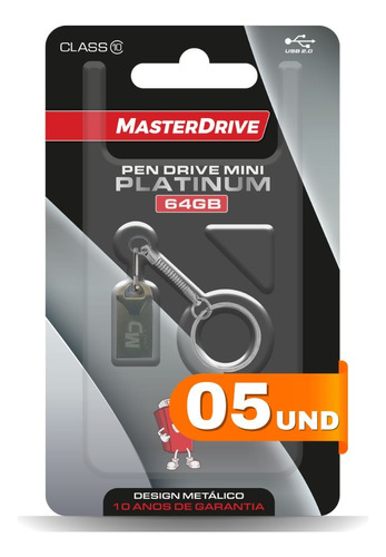 Kit 5 Mini Pendrive 64gb 2.0 Masterdrive Platinum Atacado
