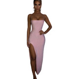 Vestido Midi Sexy Abertura Escote Espalda Brillante Fiesta