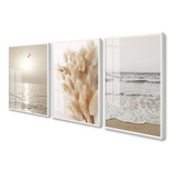 Quadros Decorativos Praia Folhagem Bege Luxo Boho Com Vidro Cor Da Armação Branco