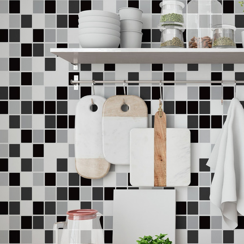 Papel Parede Decor Cozinha Pastilha Preto Cinza Lavável 3m