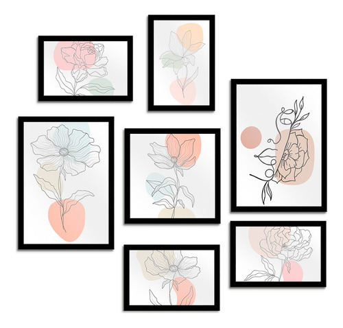 Kit 7 Quadros Decorativos C/ Moldura Flor Abstrato Rosas