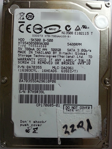 Disco Hitachi Hts545050b9a300 500gb Sata - 62 Recuperodatos