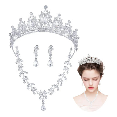 3pc Tiara Corona Novia Mujer Xv Años Collar Y Arete Y Tocado 3pcs