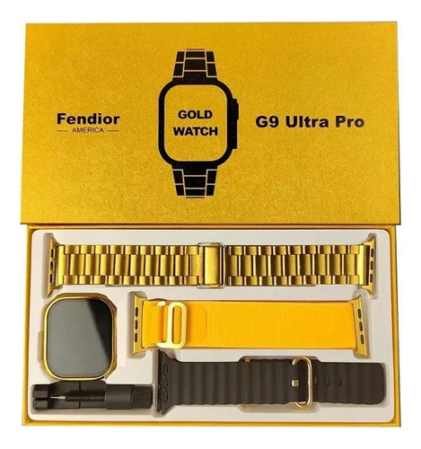 Reloj Smartwatch G9 Ultra Pro Golden Con Tres Extensibles Color De La Caja Dorado Color De La Correa Dorado Color Del Bisel Dorado Diseño De La Correa Milanese