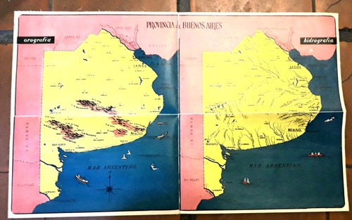 Antiguo Mapa Entelado Provincia De Buenos Aires Físico Rios