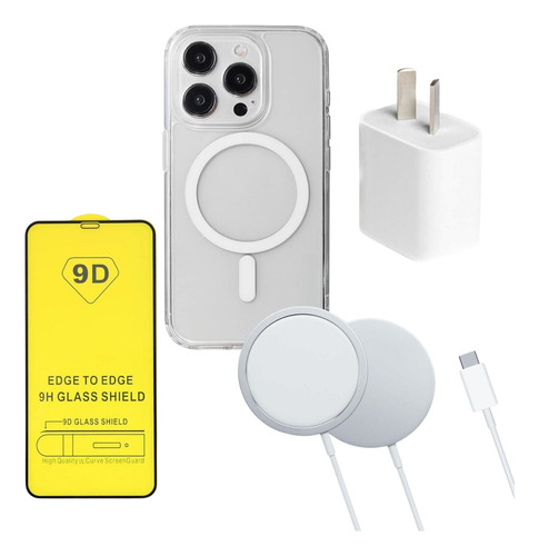 Kit Funda + Adaptador 20w + Magsafe + Vidrio 9d Para iPhone.