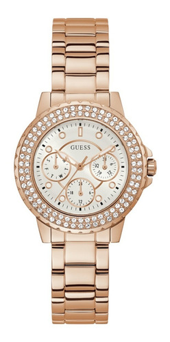 Reloj Guess Gw0410l3 Crown Jewel Quartz Mujer Color De La Correa Rosa Claro Color Del Bisel Oro Rosa Color Del Fondo Blanco