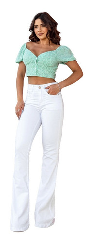 Calça Jeans Feminina Flare Com Detalhe No Bolsos 22147 Branc