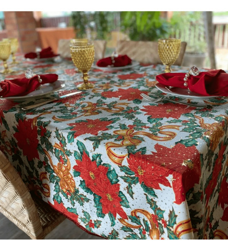 Toalha De Mesa Natal Natalina 12 Lugares Gliter Víes Dourado Cor Flowers Merry