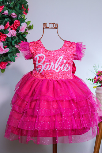 Vestido Infantil Da Barbie Rosa Temático Luxo