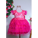 Vestido Infantil Da Barbie Rosa Temático Luxo