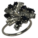 Anillo De Plata Paladio Diamantes Y Zafiros Naturales 0.49ct