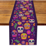 Lino 13x72 Sugar Skull Table Runner Mexican Dia De Muer...