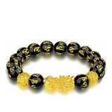 Pulsera Original Feng Shui Piedras Obsidiana Pixiu Oro