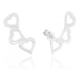 Brinco Feminino Ear Cuff Corações Tarraxa Prata 925 Legítima