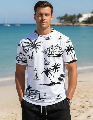 Traje Casual De Manga Corta Con Estampado De Palmeras Tropic