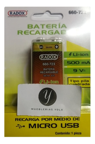 Bateria 9v Recargable Usb Radox 500mah Li-ion