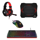 Set Gamer Njoytech Con Teclado, Mouse, Audífonos Y Mouse Pad Color Del Teclado Negro/rojo